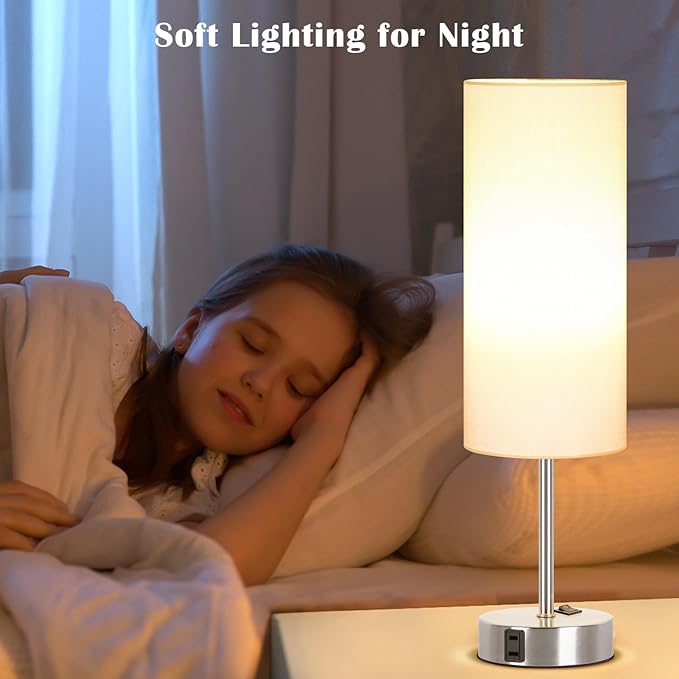 ZJOJO Table Lamp for Bedroom 2 Pack,18in Bedside Lamps with 3 Way Dimmable Rocker Switch & AC Outlet,Nightstand Desk Lamp with White Fabric Shade Nickel Basee for Living Room Home Decor Lights