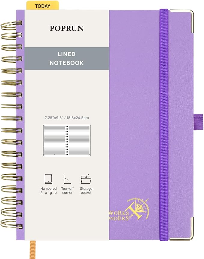 POPRUN Lined Spiral Journal Notebook for Women & Men, 7-1/4" x 9-1/2", 220 Numbered Pages, College Ruled Hardcover Notebook for Work, Journals for Writing, 120 GSM Thick Paper - Violet