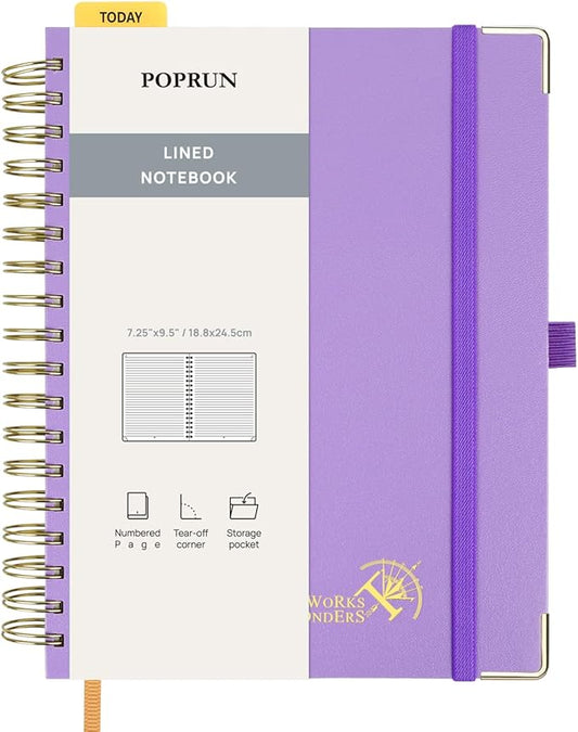 POPRUN Lined Spiral Journal Notebook for Women & Men, 7-1/4" x 9-1/2", 220 Numbered Pages, College Ruled Hardcover Notebook for Work, Journals for Writing, 120 GSM Thick Paper - Violet