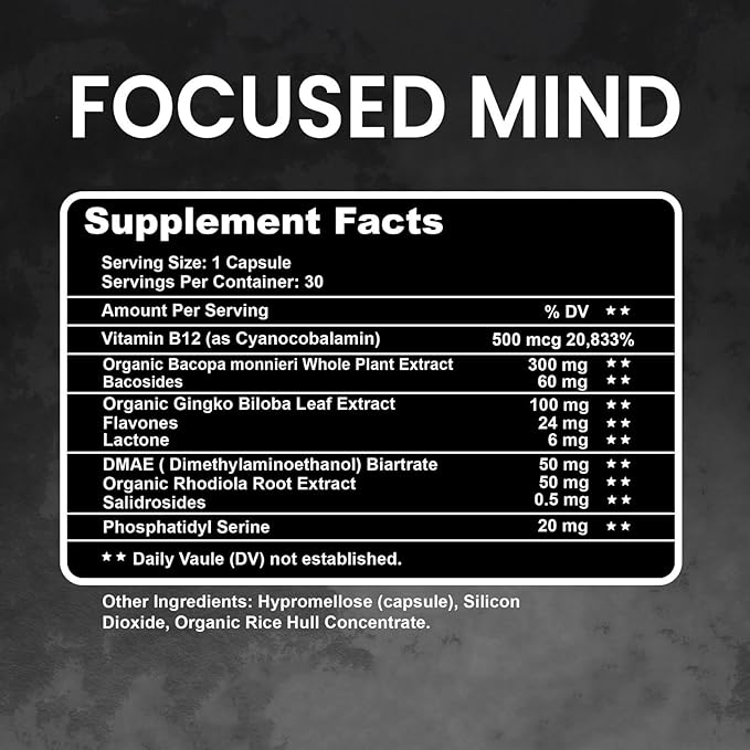 Focused Mind – Daily Brain Supplement for Memory and Focus Support | Nootropic for Concentration, Mental Clarity, and Brain Energy | Cognitive Supplement for Work, School, or Everyday Demands