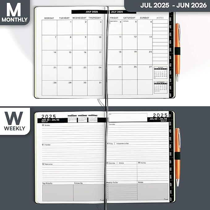 Ensight 2025-2026 HARDCOVER Leather Planner Weekly & Monthly - 6.5x8.5 Inches - Academic Planner Business Personal or Student - Pen Holder, Thick Paper, July 2025 - June 2026 (Black)