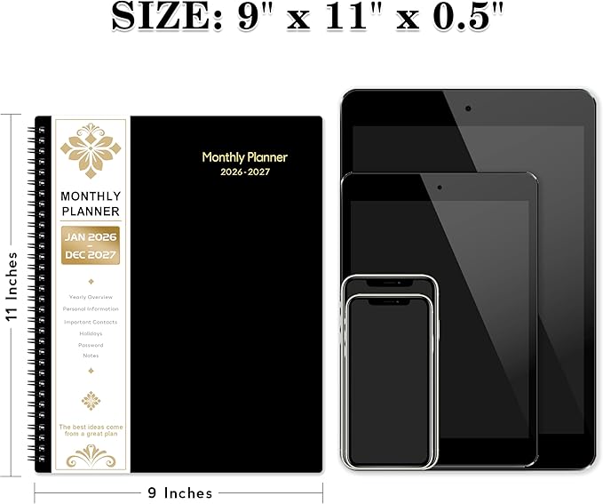 2026-2027 Monthly Planner/Calendar - 2 Year Monthly Planner 2026-2027, Jan.2026 - Dec.2027, 9" x 11", 2 Years Calendar 26-27 with Tabs,+Contacts + Back Pocket + Twin-wire Binding - Black