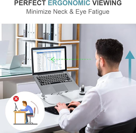 SHUWEI 360° Rotating Laptop Cooling Stand with 3 Speed Fan, Adjustable Height Laptop Stand for Desk, Ergonimic Aluminum Laptop Cooling Pad for 10-15'' Notebook - Bule-Gray