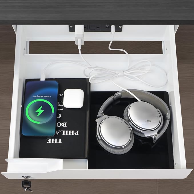 Lumil Under Desk Mounted Drawer Lockable with 3 Prong Extension Cord 10 FT with Multiple Outlets and Foldable Cable Management Arm for Office Desk 15.7" (W) x 15.7" (D) x 4.4" (H), White