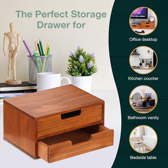 Double Drawer Desktop Storage Organizer in a Modern Wood Design (9.8”x6.9”x 5.1”) 2-Drawer Stackable Drawer Unit - Wood Monitor Riser (1-Pack)