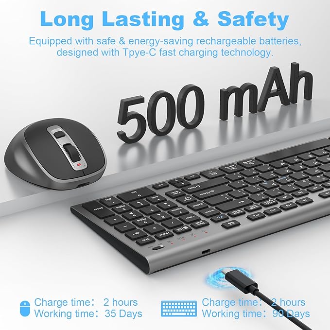 FENIFOX Wireless Keyboard and Mouse, Ergonomic Rechargeable Silent Quiet Slim USB C Flat Compact Full Size with Number Pad Soft Cover Keyboards for Mac Computer PC Surface Laptop MacBook iMac Black