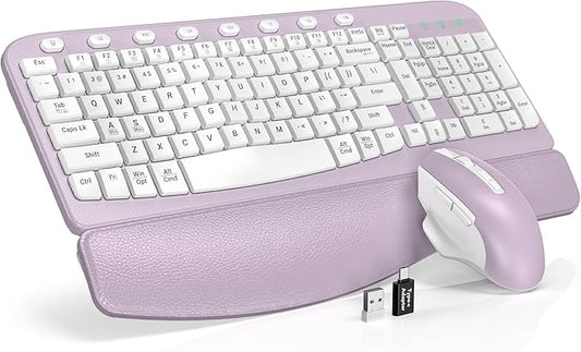 SABLUTE Wireless Keyboard and Mouse Combo, Ergonomic Wave Key, Cushioned Plam Rest, Comfortable Silent Natural Typing, 2.4G Lag-Free, Full Size Keyboards Cordless Set for Multi-OS, Windows/Mac, Purple