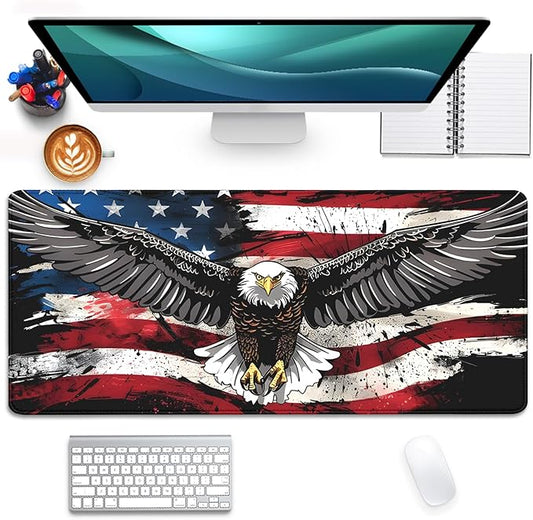 American Flag Mouse Pad,USA Bald Eagle Desk Pad,Large Extended Gaming Floral Mouse Mat with Stitched Edges,Non-Slip Rubber Base Mouspad for Office Work Home(27.5X11.8 in)