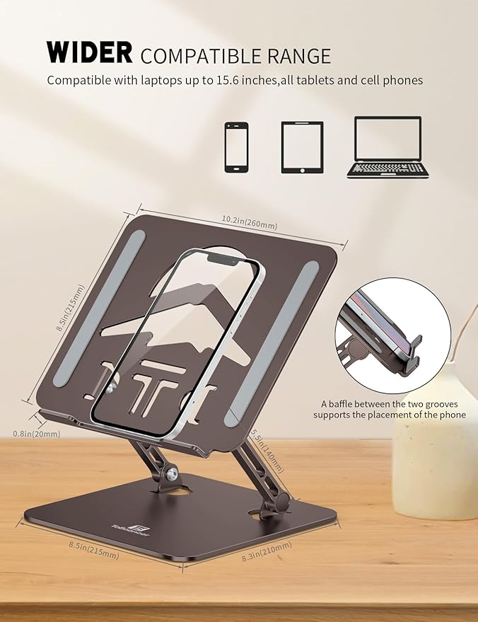 Laptop Stand, Ergonomic Adjustable Computer Stand for Collaborative Work, Foldable and Portable Heat Sink Computer Stands, Fits up to 15.6-inch Laptops (Coffee Brown)