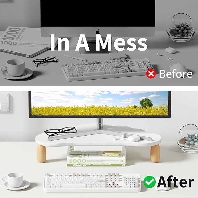 Cloud-Shaped Sturdy Wood Computer Monitor Stand Riser With Drawer, Multi-Purpose Desktop Organizer