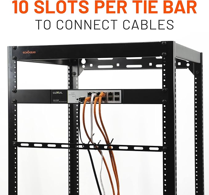 ECHOGEAR Rack Cable Management Tie Bar Kit - Includes 4X 1U Tie Bars, 24 Zip Ties, 8 Cage Nuts, & 8 Screws - Works with 19" Open Frame Racks & Enclosures
