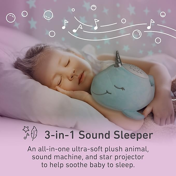 PureBaby Sound Sleepers Portable Sound Machine & Star Projector - Plush Sleep Aid for Baby and Toddlers with Soothing Night Light Display, 10 Lullabies, White Noise, and Heartbeat Sounds (Narwhal)