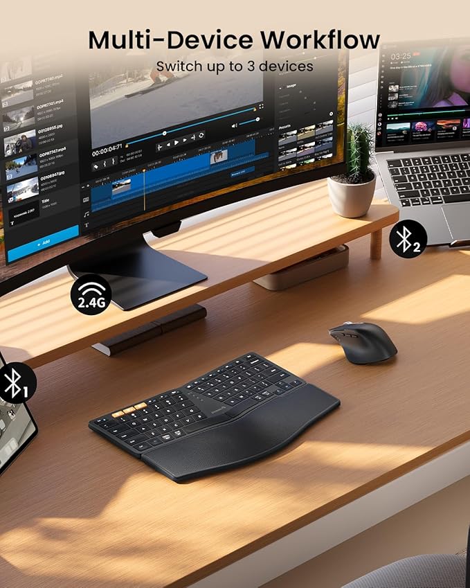 ProtoArc Bluetooth Ergonomic Keyboard Mouse, EKM04 Mini Compact Wireless Ergo Keyboard Mouse Combo, Split Design, Wrist Rest, Multi-Device, Rechargeable, for Windows/Mac - Black