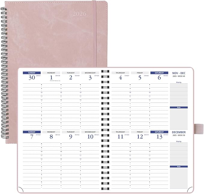 POPRUN 2026 Weekly Planner (A4-8.25'' x 11.75''), Quarter-Hourly Appointment Book (Jan. 2026 to Dec. 2026) with Monthly Tabs, Spiral Softcover, 2 Inner Pockets, Pen Holder - Pink
