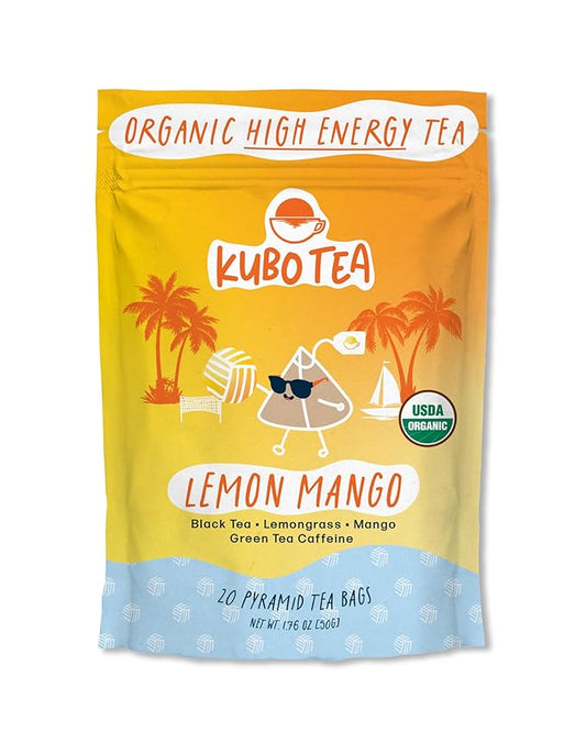 Kubo Tea Lemon Mango Black Tea - Organic High Caffeine Energy Blend - 20 Pyramid Tea Bags (155mg Caffeine each) - Healthy Sugar Free Coffee Substitute for Hot and Iced Drinks - Biodegradable Packaging