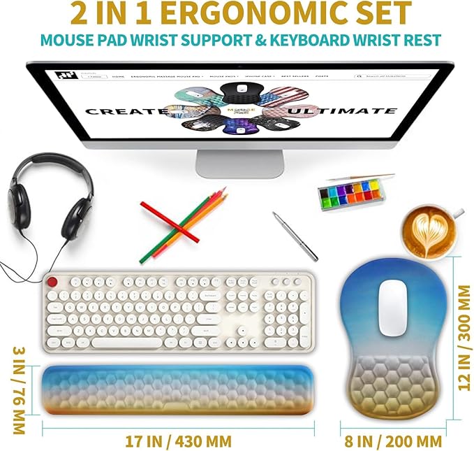 Hokafenle 2 in 1 Ergonomic Mouse Pad Wrist Support & Wrist Rest for Computer Keyboard Set, with Relieve Carpal Tunnel Pain Massage Bulge and Full Memory Gel Design (2In1 Set, Morning Sky)