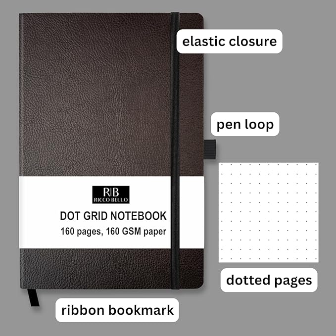 RICCO BELLO Hardcover Dot Grid Journal Notebook, Lay Flat Design, Pen Holder, 5.7 x 8.4 inches, Thick 160 gsm Paper, 80 sheets/160 pages (Dark Brown)