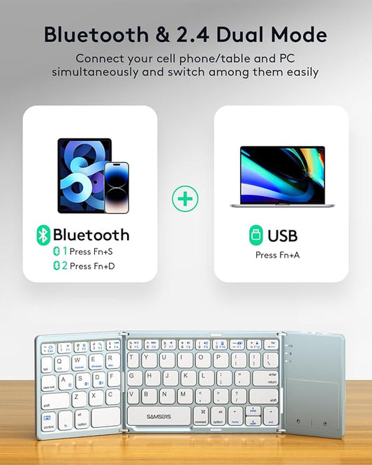 Samsers Multi-Device Foldable Bluetooth Keyboard with Touchpad, Rechargeable Dual-Mode(2.4G+BTx2) Wireless Keyboard with Holder, Portable Folding Keyboards for Android Windows iOS Mac OS - Blue