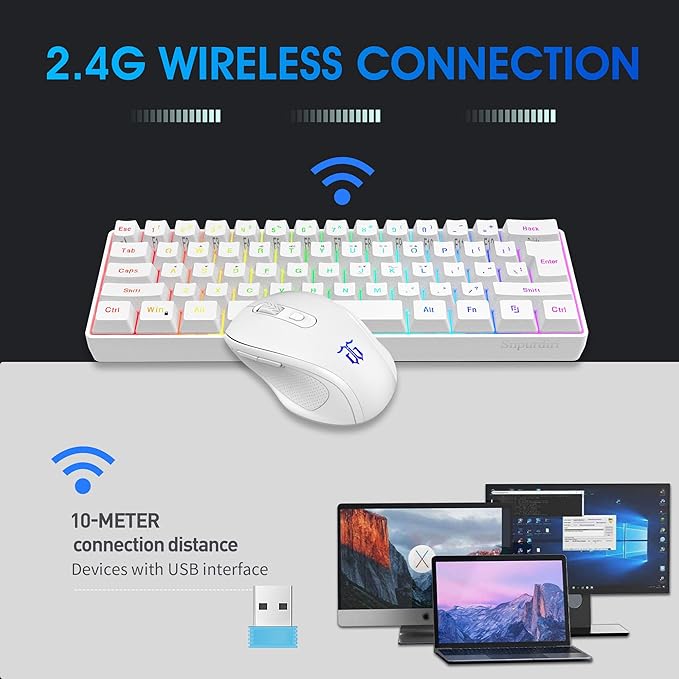 Snpurdiri 2.4G Wireless Gaming Keyboard and Mouse Combo, Include Small 60% Merchanical Feel Ergonomic Design Mini Wireless Mouse(White)