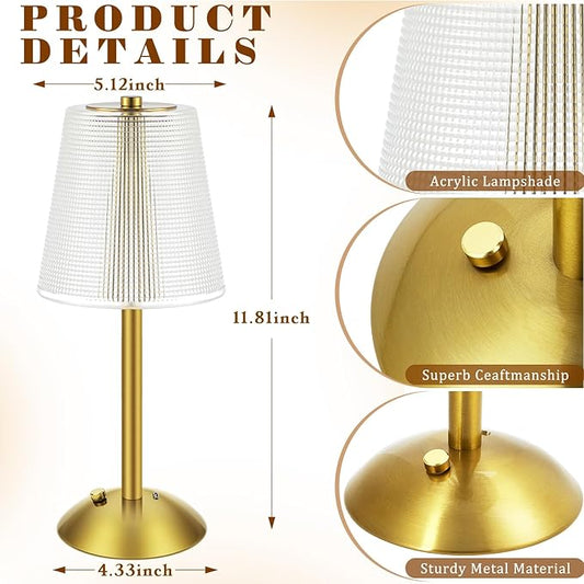Liliful 2 Pcs LED Portable Cordless Table Lamp Touch Battery Operated Rechargeable Desk Lamp 3 Color Dimmable for Bedroom Living Room Dining (Retro Style,Gold)