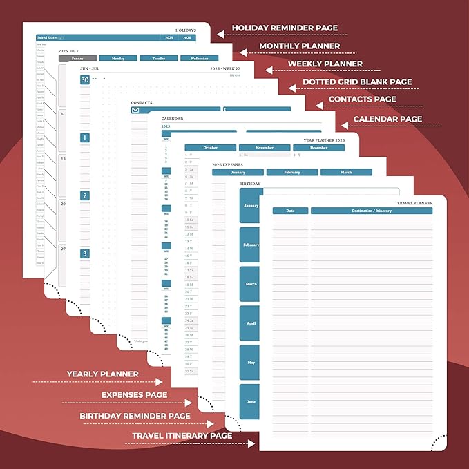 Weekly Monthly 2025-2026 Planner (July 25-Dec 26),11.5"x8.5",18 Months Agenda Plan with Month Tabs & Pocket,Expenses/Note Pages, Academic Calendar with Vegan Leather Cover,Red
