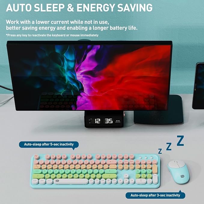 Keyboard and Mouse Wireless,2.4Ghz Retro Typewriter Style Round Keycap,Full Size Wireless Keyboard Mouse Combo,Cute Cordless Keyboard Mouse Set for PC Laptop Desktop Computer-Green White Pink Colorful