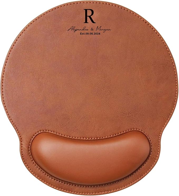 Personalized Leather Custom Mouse Pad with Wrist Rest,Customized Mouse Pads for Desk,Perfect Gift for Weddings, Anniversaries, Birthdays,and Special Occasions (C (Brown-Round with Wrist Rest))