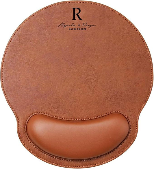 Personalized Leather Custom Mouse Pad with Wrist Rest,Customized Mouse Pads for Desk,Perfect Gift for Weddings, Anniversaries, Birthdays,and Special Occasions (C (Brown-Round with Wrist Rest))