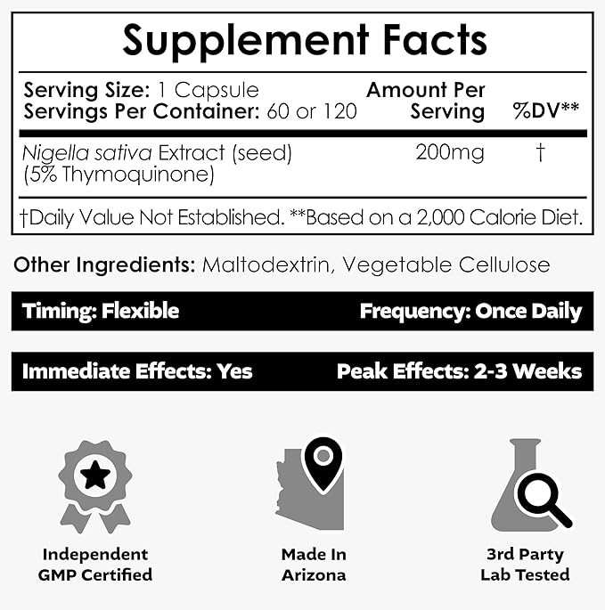 Nootropics Depot Nigella Sativa Extract Capsules | 200mg | 60 Count | Minimum 5% Thymoquinone Content | Black Seed Oil Extract | Supports Memory, Liver, Brain, and Immune Function