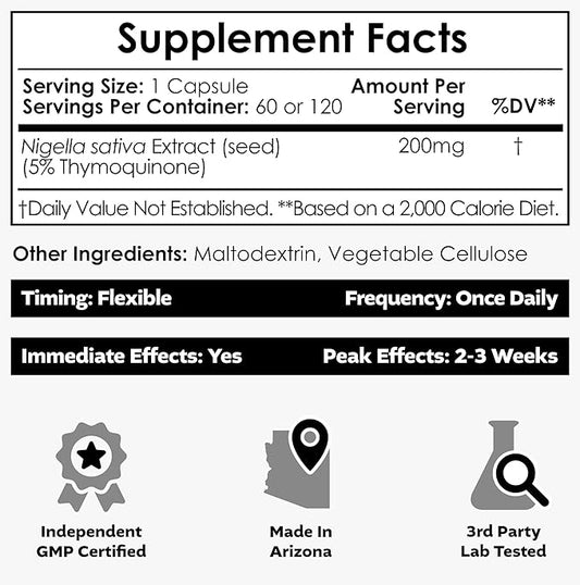 Nootropics Depot Nigella Sativa Extract Capsules | 200mg | 60 Count | Minimum 5% Thymoquinone Content | Black Seed Oil Extract | Supports Memory, Liver, Brain, and Immune Function