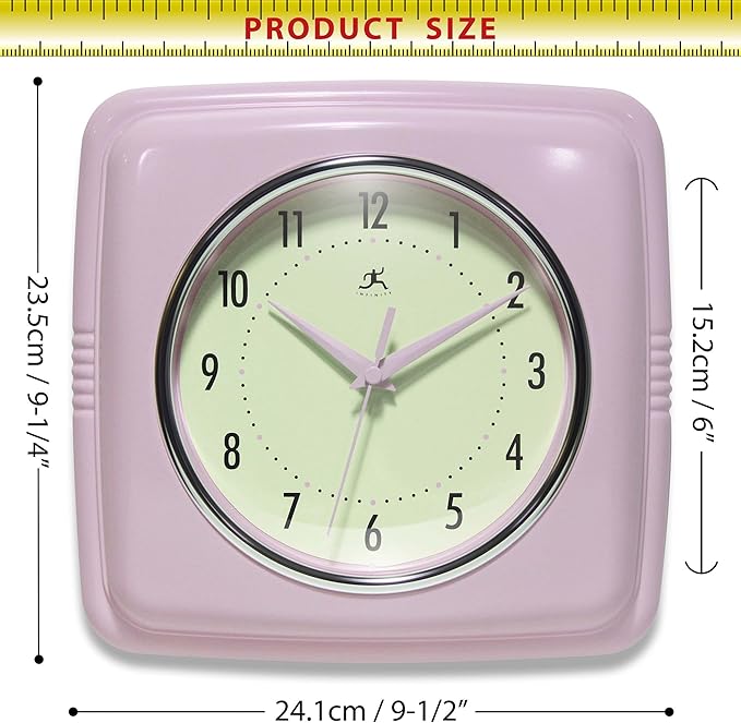 Infinity Instruments Square Retro Wall Clock, Pastel Pink, 9.25"