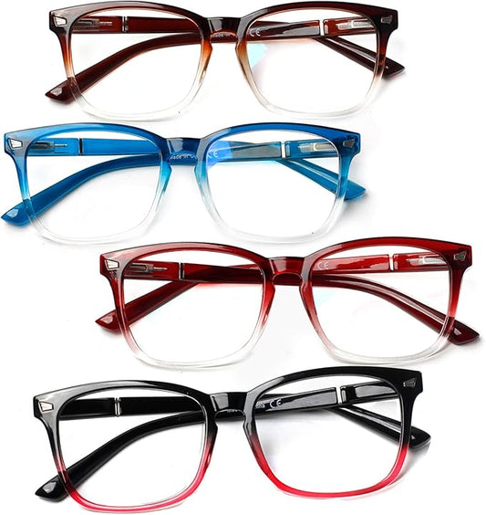 Henotin 4-Pack Blue Light Blocking Reading Glasses Women Men,Spring Hinge Computer Readers,Anti UV Ray Square Nerd Eyeglasses (Mixed Color-A, 4.00)
