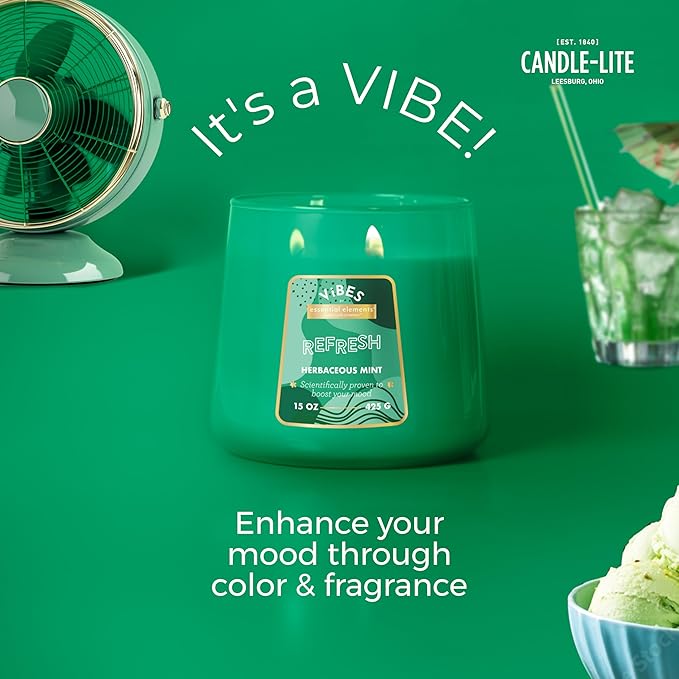Candle-Lite Vibes Herbaceous Mint Mood-Enhancing Scented Candles, 15 oz Jar, Aromatherapy, Proudly Poured in The USA, 2-Wick, 86 Hours Burn Time, Perfect Relaxation Gift