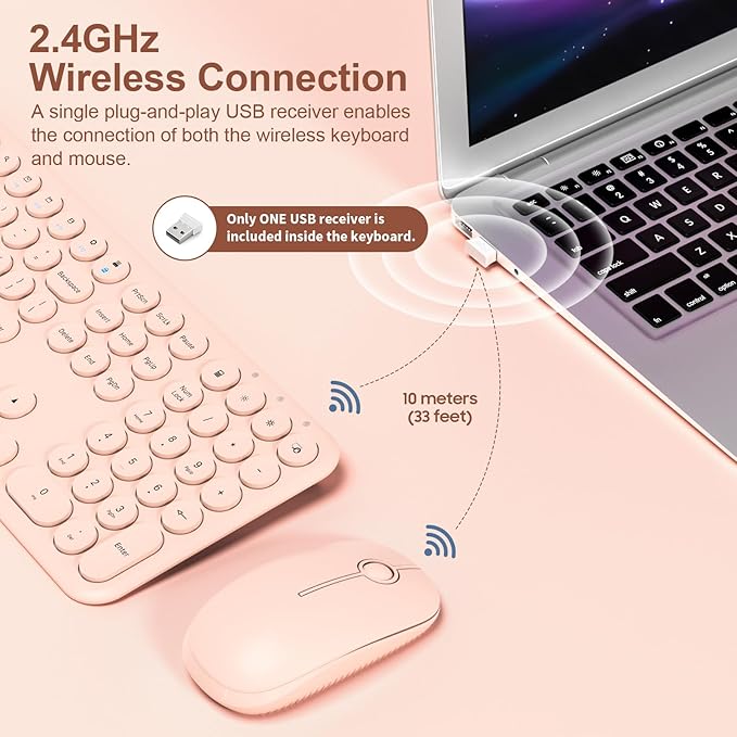 Cute Keyboard and Mouse Wireless for PC Computer/Laptop/Windows/Mac/Tablets, Ultra-Thin 2.4GHz USB Cordless Full-Sized Silent Retro Computer Keyboard Mouse Combo (Pink)