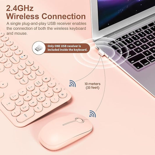 Cute Keyboard and Mouse Wireless for PC Computer/Laptop/Windows/Mac/Tablets, Ultra-Thin 2.4GHz USB Cordless Full-Sized Silent Retro Computer Keyboard Mouse Combo (Pink)
