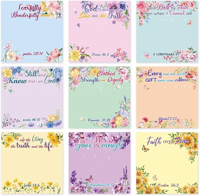 Bible Sticky Notes Gifts - 9 Pack Inspirational Sticky Notes 3x3 Religious Bible Verse Quotes Gifts for Christian Women Biblical Post Notepads School Office Supplies 450 Sheets