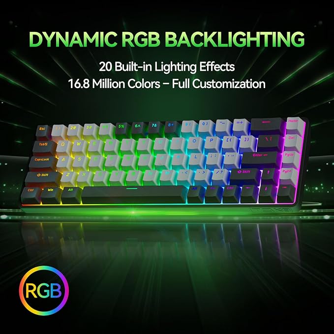 TMKB T68 60% Wireless Mechanical Gaming Keyboard, Tri-Mode BT5.0/2.4GHz/USB-C with Red Linear Switch, RGB Backlight, Anti-Ghosting, Compact 68 Keys, Wired/Wireless, Black/Gray