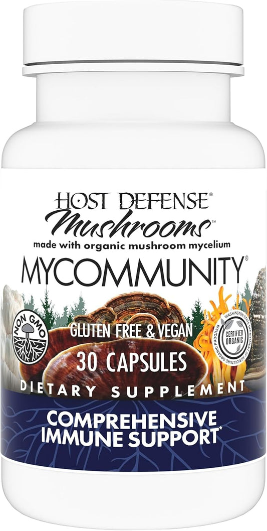 Host Defense MyCommunity Capsules - 17 Species Blend Mushroom Supplement for Immune Support - Herbal Aid with Lion's Mane, Reishi, Chaga, Cordyceps, Turkey Tail & More - 30 Capsules (15 Servings)*