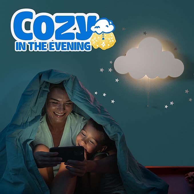 Tipperk 2 Pack - Floating Cloud Wall Lamp for Nursery & Kids Bedroom | Battery-Operated Hanging Night Lights