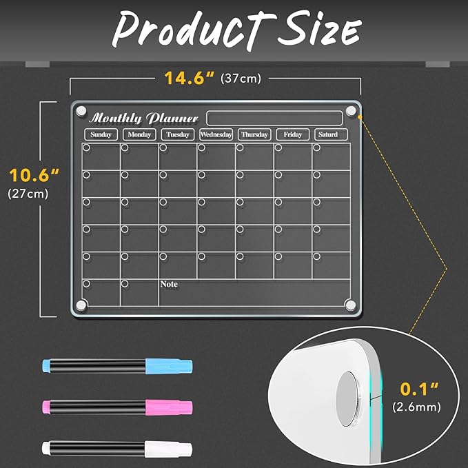 DIYMAG Fridge Skylight Calendars,15" x 11" 2025 Planning Pads Acrylic Magnetic Digital Calendar for Refrigerator Transparent Dry Erase Monthly Planner Whiteboard with 3 Colors Markers