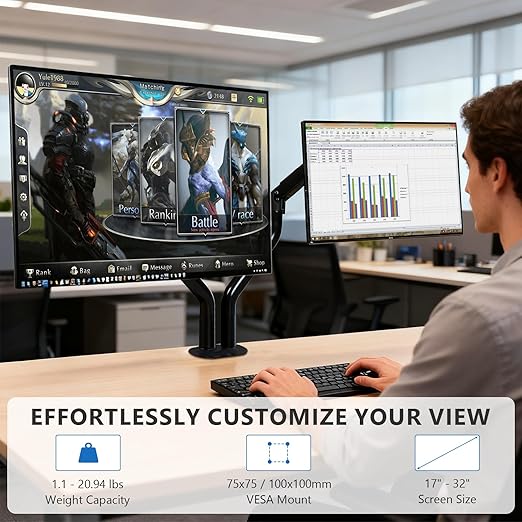 Lyngins Dual Monitor Stand, 17-32 inch Monitor Mounts for 2 Computer Screens, VESA Mount with 75/100 mm, Each Arm Supports Up to 20.94 lbs, Double Monitors Arm Desk Mount - Black