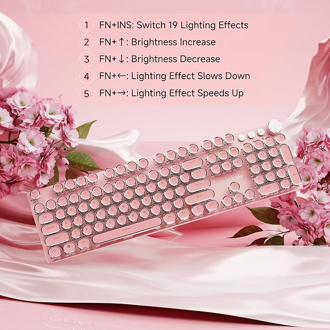 EWEADN V20 Typewriter Keyboard Wireless,104 Keys Typewriter Style Mechanical with White Backlit, Media Knob, White Switch 2.4G/Bluetooth/USB-C Retro Full Size Keyboard for Windows/Mac/PC-Dark Pink