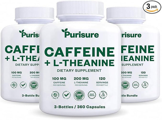 Caffeine Theanine Capsules Pills 100mg Caffeine + 200mg L Theanine for Pre Workout Energy, and Clarity Energy Pills for Fatigue, Nootropic Supplement, 120 Day Supply, Pack of 3