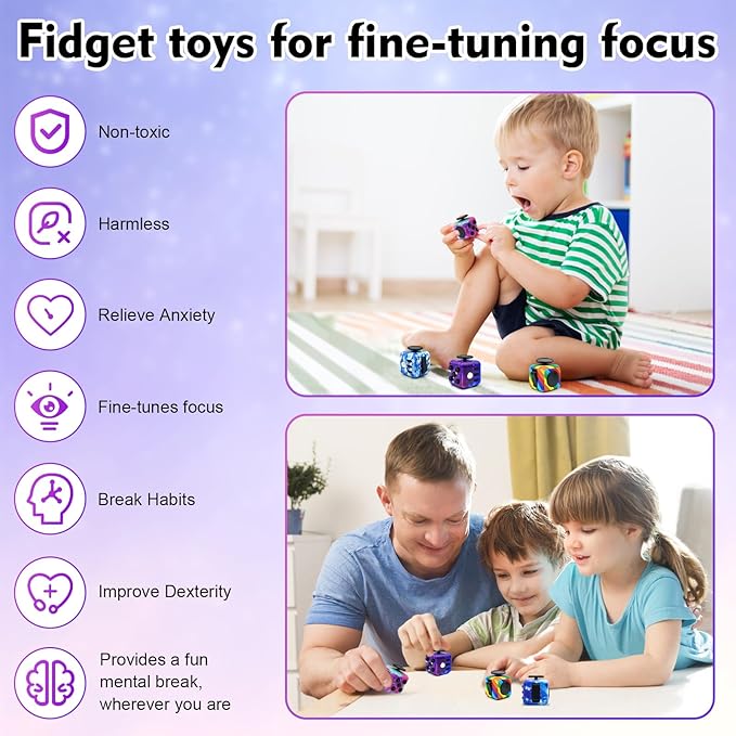 Lollyx Fidget Toy Cube, 4 Pack Cube Fidget Anxiety Relief Toys for Kids and Adults, 6 Sided Fidget Toys Cube Hand-Held for Adults, Audible/Silent Cube Toys Fidget for ADD/ADHD/OCD