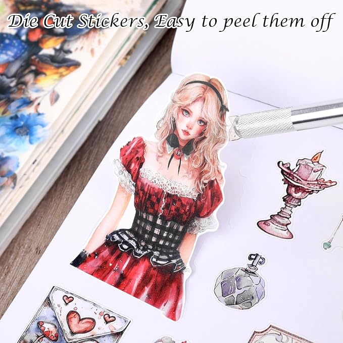 AVECMOI Alice in Wonderland Scrapbooking Sticker Book for Girls, 234 Vintage Fantasy Junk Journaling Stickers, Cute Mystery Sticker Set for Gifts, Party Favor, Card Making, Craft Supplies (Blue)