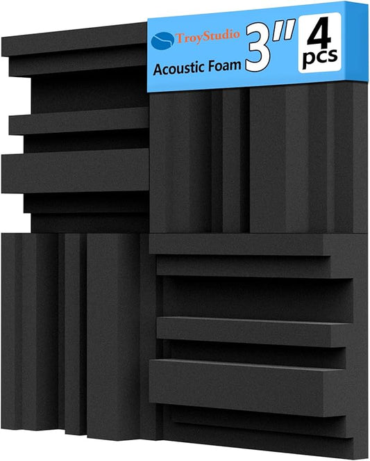 TroyStudio Thickened 12 X 12 X 3 Inch Acoustic Foam Panels in Diffusion Pattern, 4 Pcs High Density Sound Absorbing Foam Diffuser, Soundproof 3D Wall Padding Tiles for Recording Studio Home Office