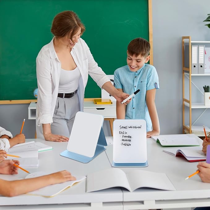 2 Pcs Small Glass Desktop Whiteboard with Reversable Stand 8 x 6 Inch Mini Dry Erase White Board Easel with 2 Markers Reusable Desk Notepad for Home Office School Supplies(Blue)