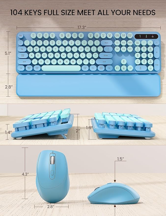 Wireless Keyboard and Mouse Combo - Cute Typewriter Keyboard with Detachable Wrist Rest, Retro Round Keycaps, Foldable Legs, 2.4GHz Full-Size for PC, Laptop, Windows - Trueque (Glacier Blue)