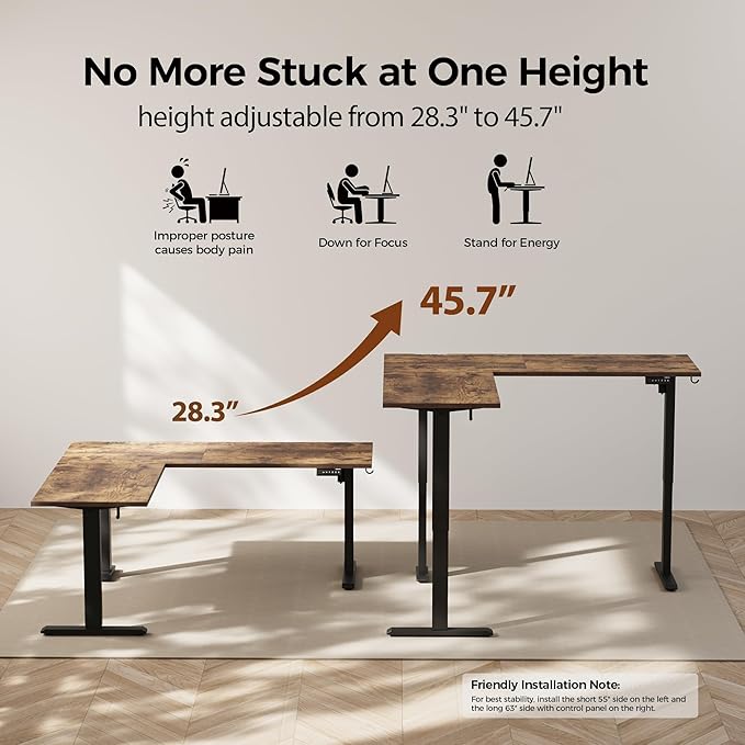 Agilestic 63 x 55 Inch L Shaped Standing Desk Adjustable Height, Corner Standing Desk, Sit Stand Up Computer Table, Splice Board, Rustic Brown