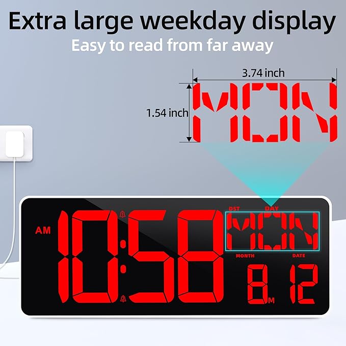 TXL 13.7 Inch Large Digital Wall Clock with Remote Control,LED Desk Clock Digital with DST/Calendar/Temperature/Timer Function, Auto Dimmer, Large Display for Classroom/Office (Red)